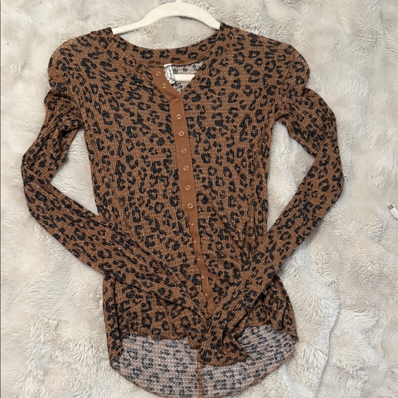 Free People Tops - Leopard Print Ribbed Button-Front Top in Brown and Black - Free People